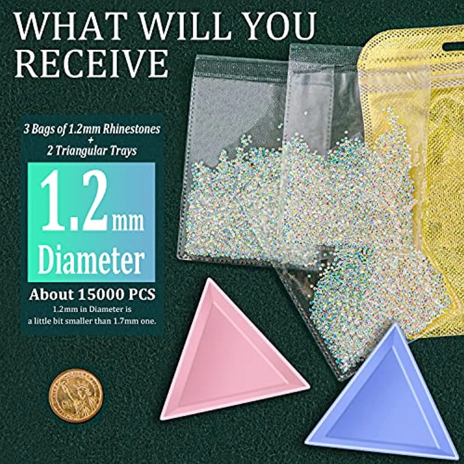 15000Pcs Ultra Mini 1.2mm AB Diamond Beads Glass Sand Shine Rhinestones Iridescent Crystals Long Lasting Like Swarovski for Nail Art 3D Decorations DIY Crafts with 2Pcs Triangle Trays by BELLEBOOST