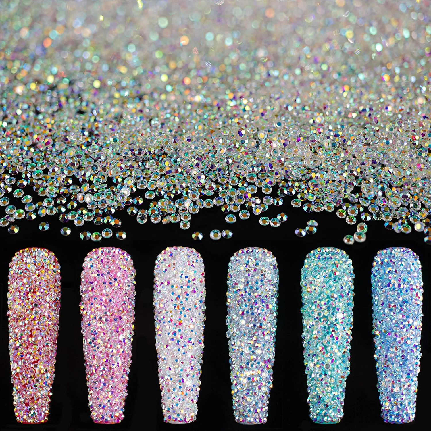 15000Pcs Ultra Mini 1.2mm AB Diamond Beads Glass Sand Shine Rhinestones Iridescent Crystals Long Lasting Like Swarovski for Nail Art 3D Decorations DIY Crafts with 2Pcs Triangle Trays by BELLEBOOST