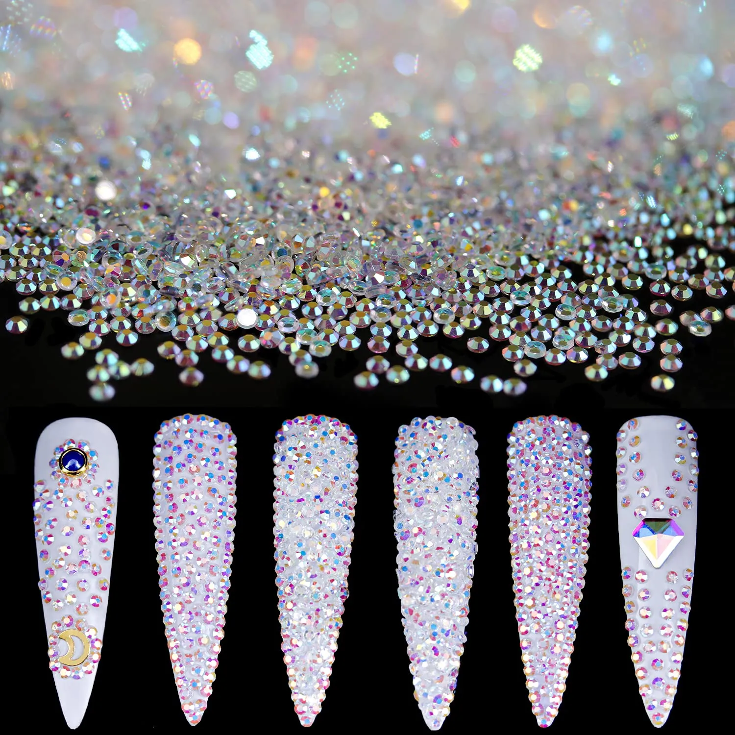 15000Pcs Ultra Mini 1.2mm AB Diamond Beads Glass Sand Shine Rhinestones Iridescent Crystals Long Lasting Like Swarovski for Nail Art 3D Decorations DIY Crafts with 2Pcs Triangle Trays by BELLEBOOST
