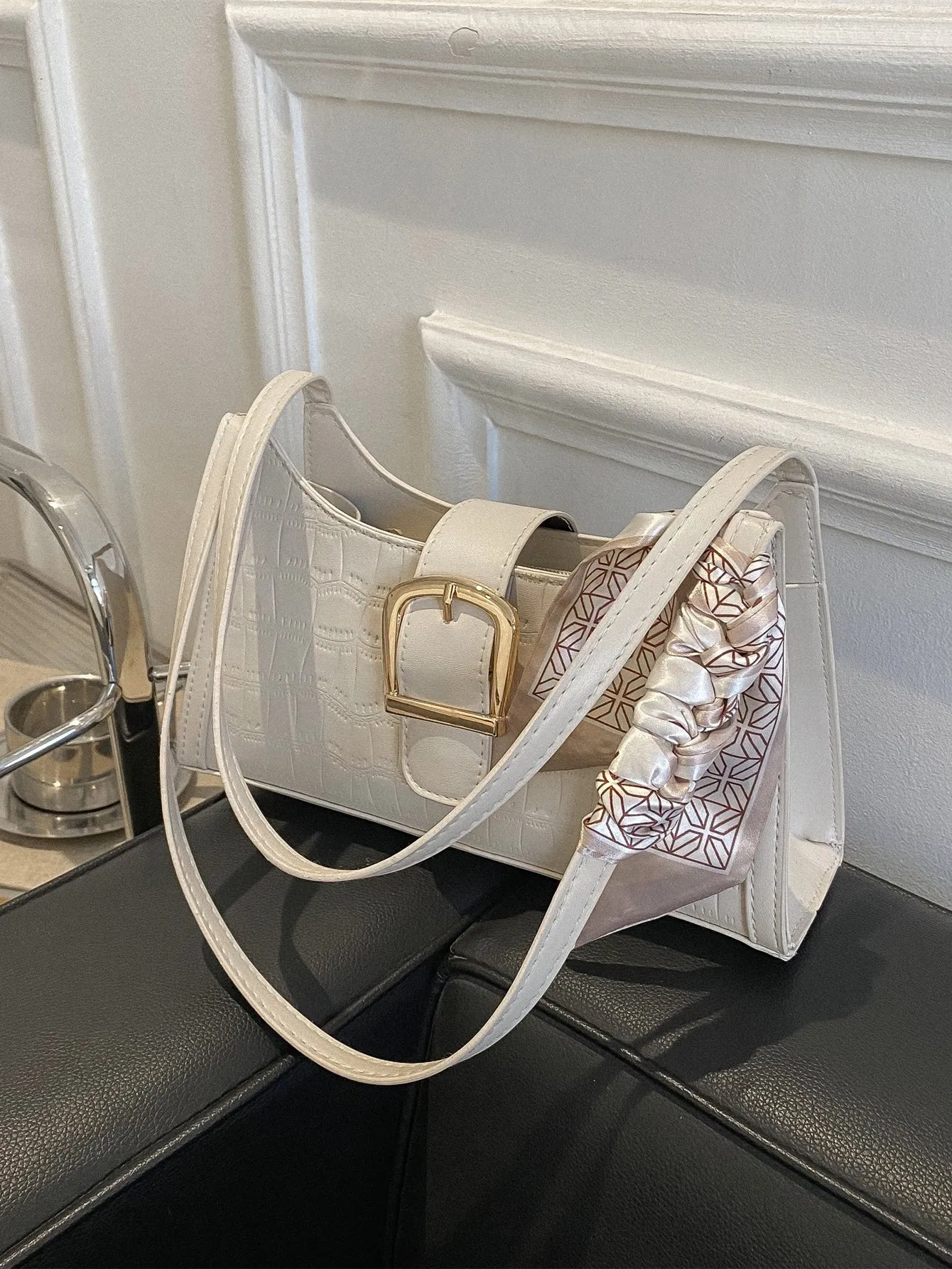 Crocodile Embossed Twilly Scarf & Buckle Decor Baguette Bag - Beige