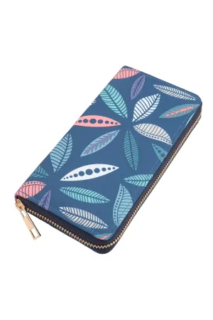 LEAF PRINT LEATHER ZIPPER WALLET