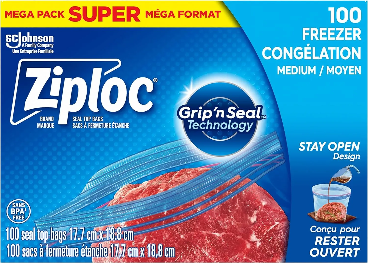 Ziploc Medium Food Storage Freezer Bags - 100 x 5 (500 Bags) - Grip 'n Seal Technology for Easier Grip - Easy Open and Close